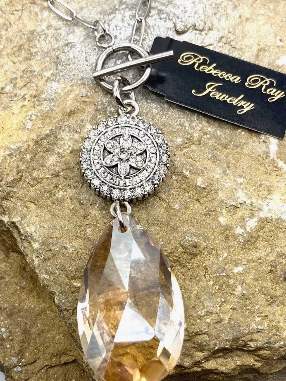 Elegant Boho Silver Floral Crystal Necklace with Champagne Teardrop Pendant